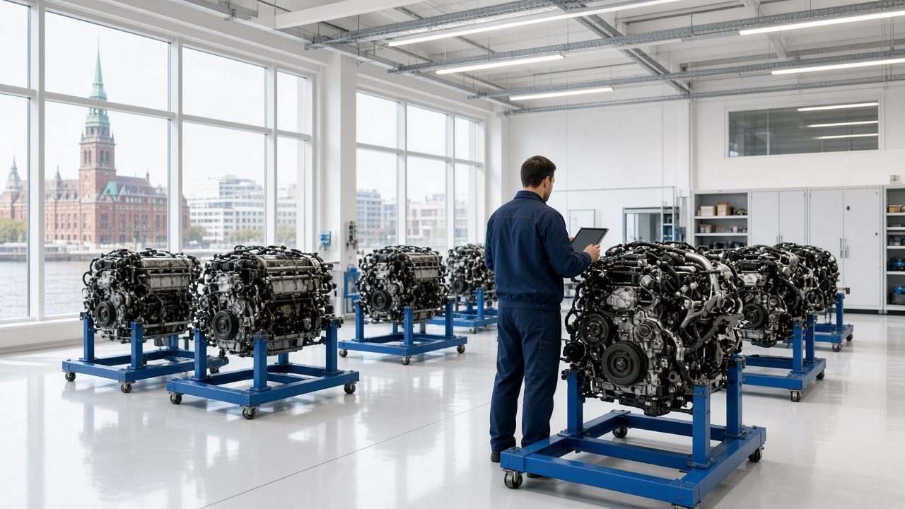 Workshop bay with an engine in the foreground